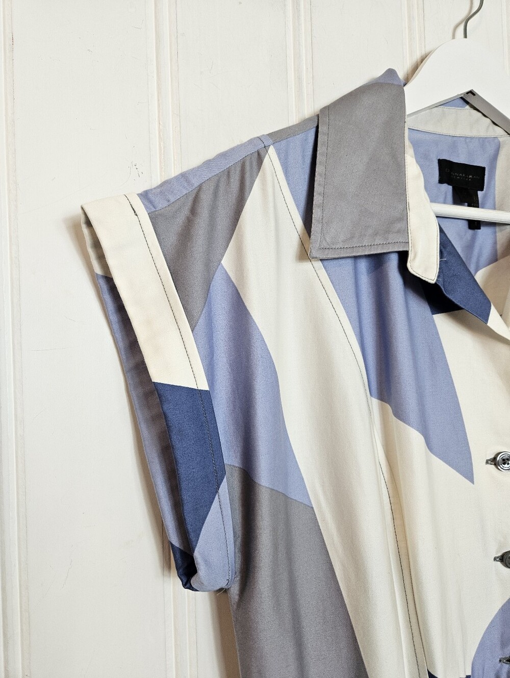 Donna Karan Midi Shirt Dress 12 Pockets Printed Pleated Belted Button Down Blue - Picture 5 of 16